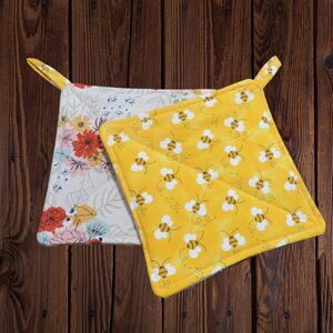 Handmade Potholder, Set of 2, Reversible Bees and Floral Quilted Hot Pads